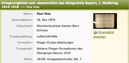 Eintrag für den Maler Paul Klee