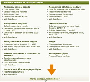 Lien « aller au catalogue des collections » sur la page de recherche d’Ancestry.fr