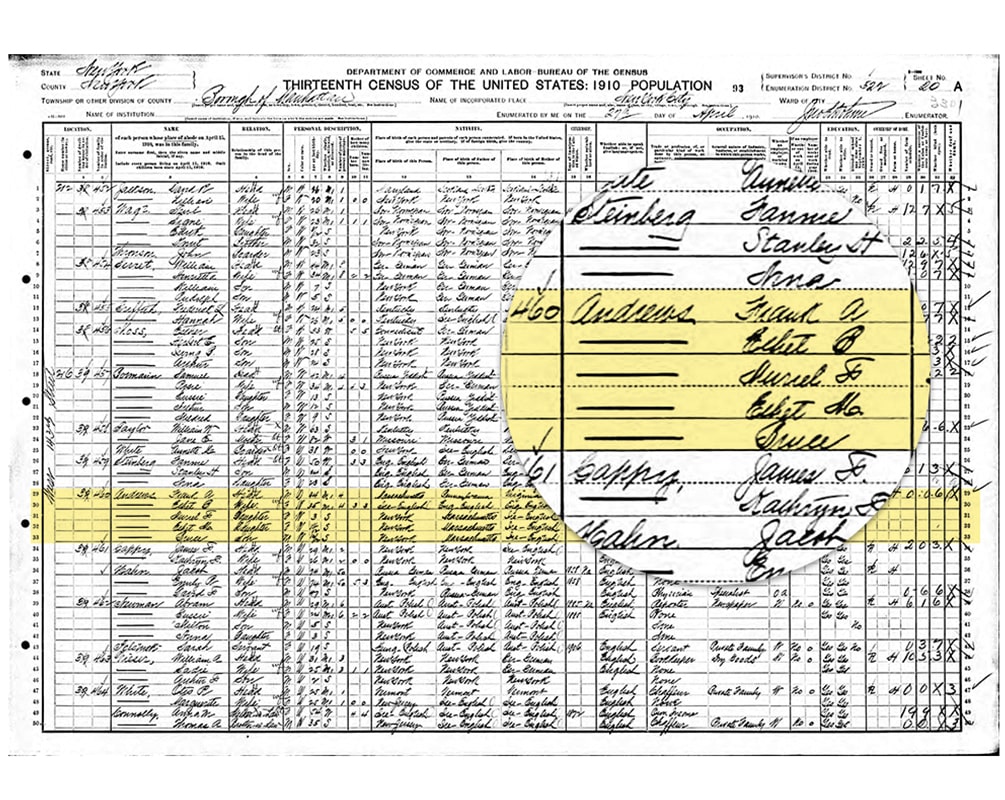 1910 U.S. census record of Frank Andrews