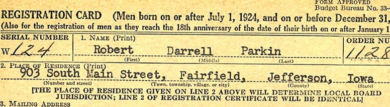 Draft registration card of Robert Darrell Parkin