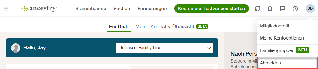 Wählen Sie Ihren Namen oder Benutzernamen aus und wählen Sie Abmelden Wählen Sie Ihren Namen oder Benutzernamen aus und wählen Sie Abmelden