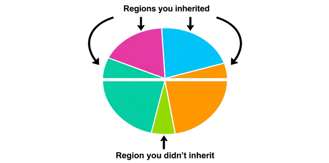 Diagram showing that you inherit some ancestral regions from a parent while other regions are not inherited. 
