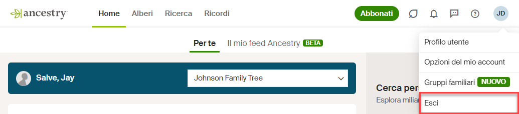 Selezionando il tuo nome o nome utente e scegliendo Esci Selezionando il tuo nome o nome utente e scegliendo Esci
