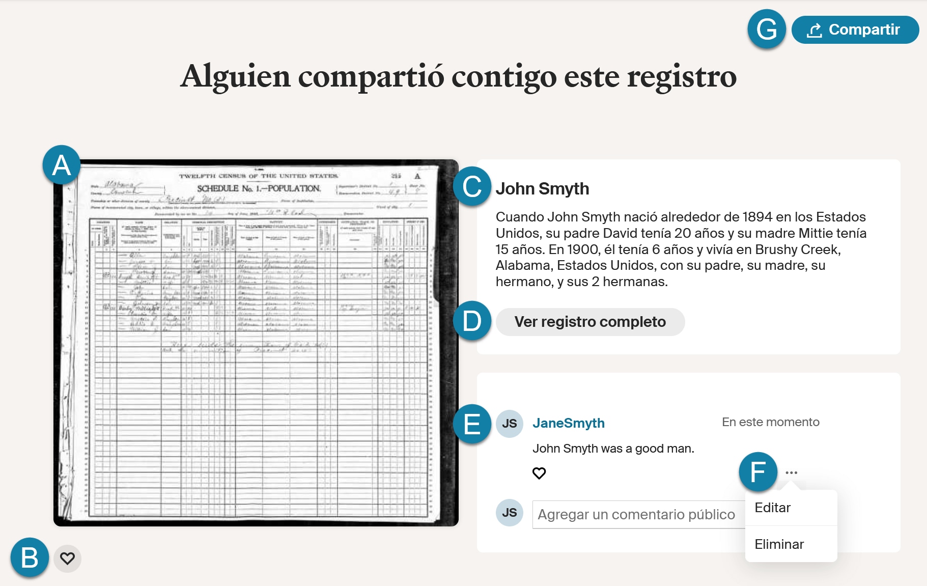 Example image of a record sharing page