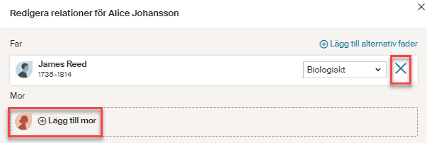 Klicka på X eller Lägg till alternativ förälder