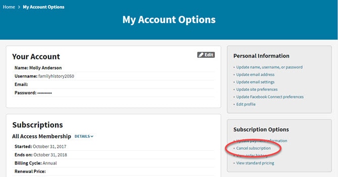 canceling a subscription support ancestry com