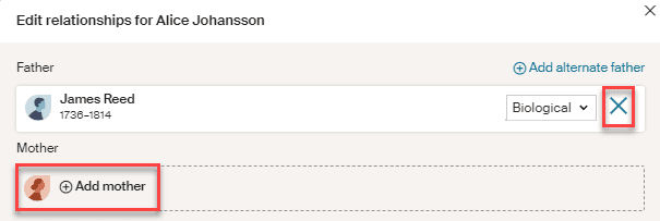 Click X or Add alternate parent