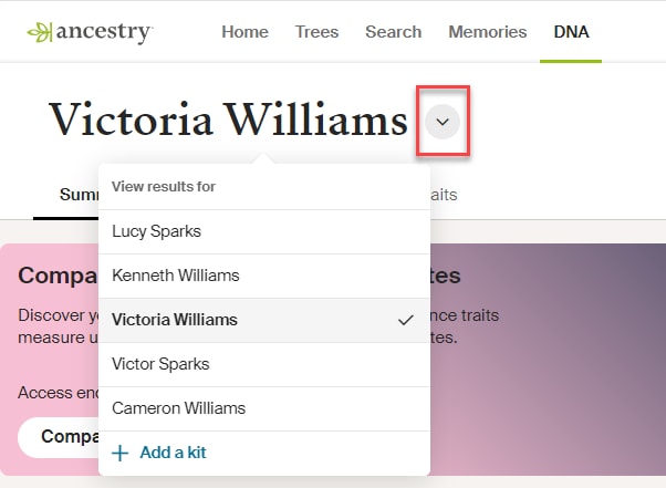 the DNA test selection drop-down menu